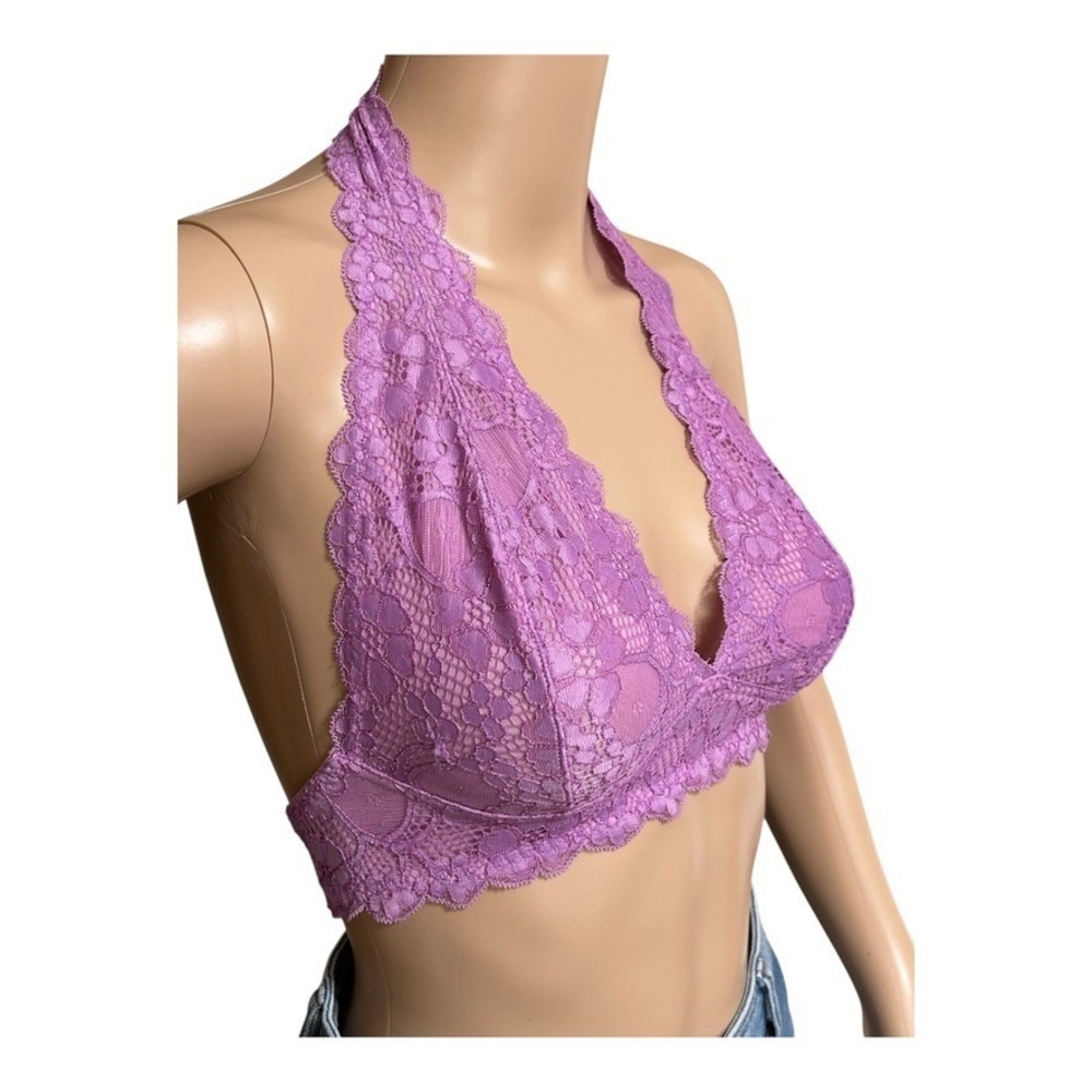 Free People Intimately Galloon Lace Halter Bralette Purple Lace Size S EUC Boho